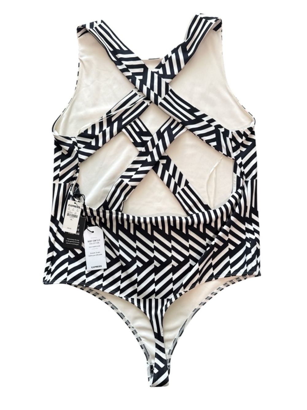 Express NWT Black and Ecru Contour Criss Cross Back Thong Body Suit Size XL